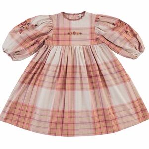 Bebe organic Plaid Pink and Cream Dress with Embroidered Sleeves